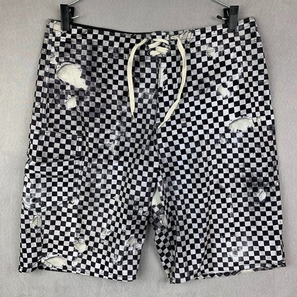 Vans Mens Swim Trunks 32 Black White Checkerboard Board Shorts Distressed Surf - Picture 1 of 11